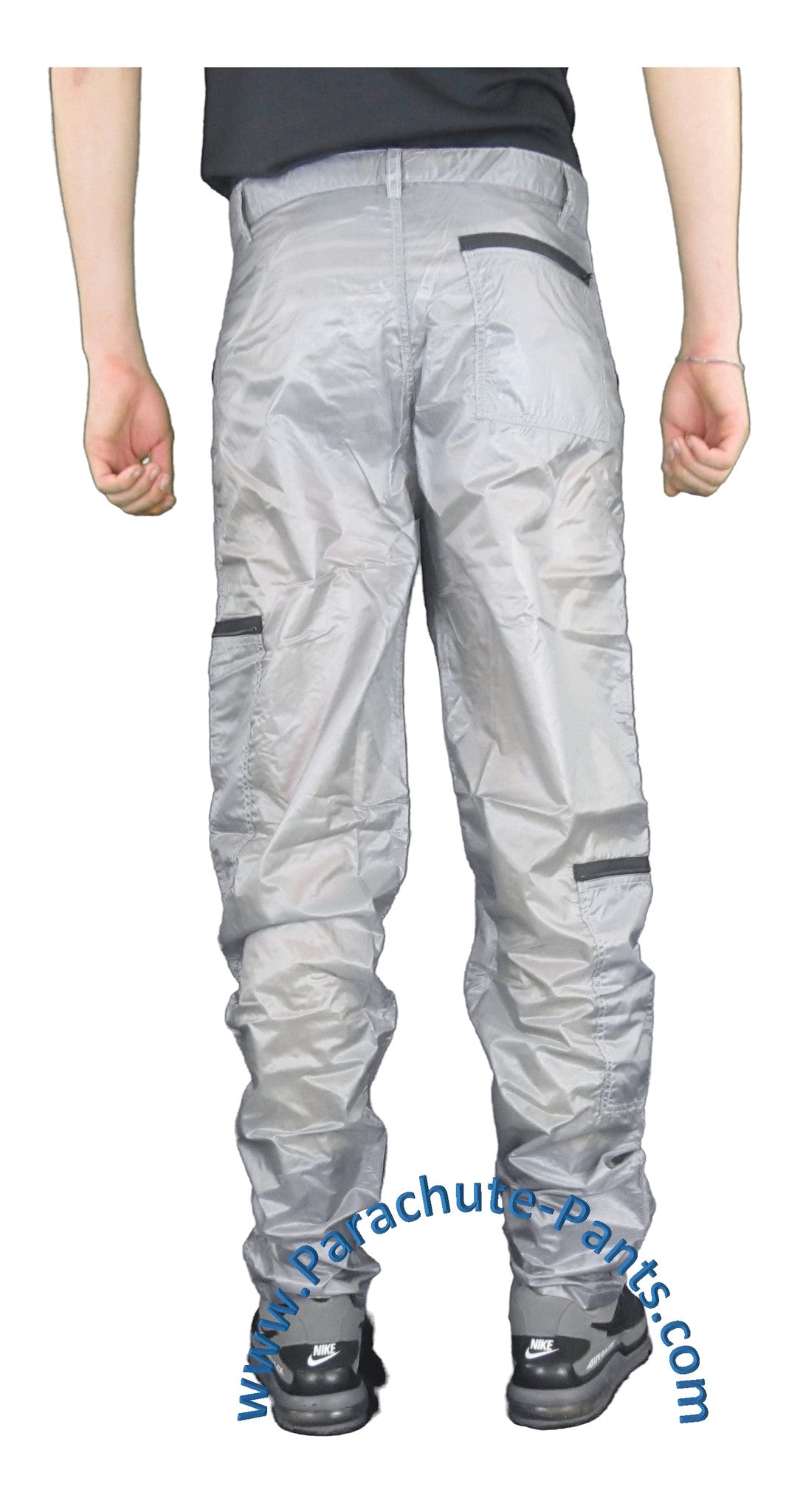 Panno D'Or Silver Thin Nylon Parachute Pants with Black Zippers | The ...