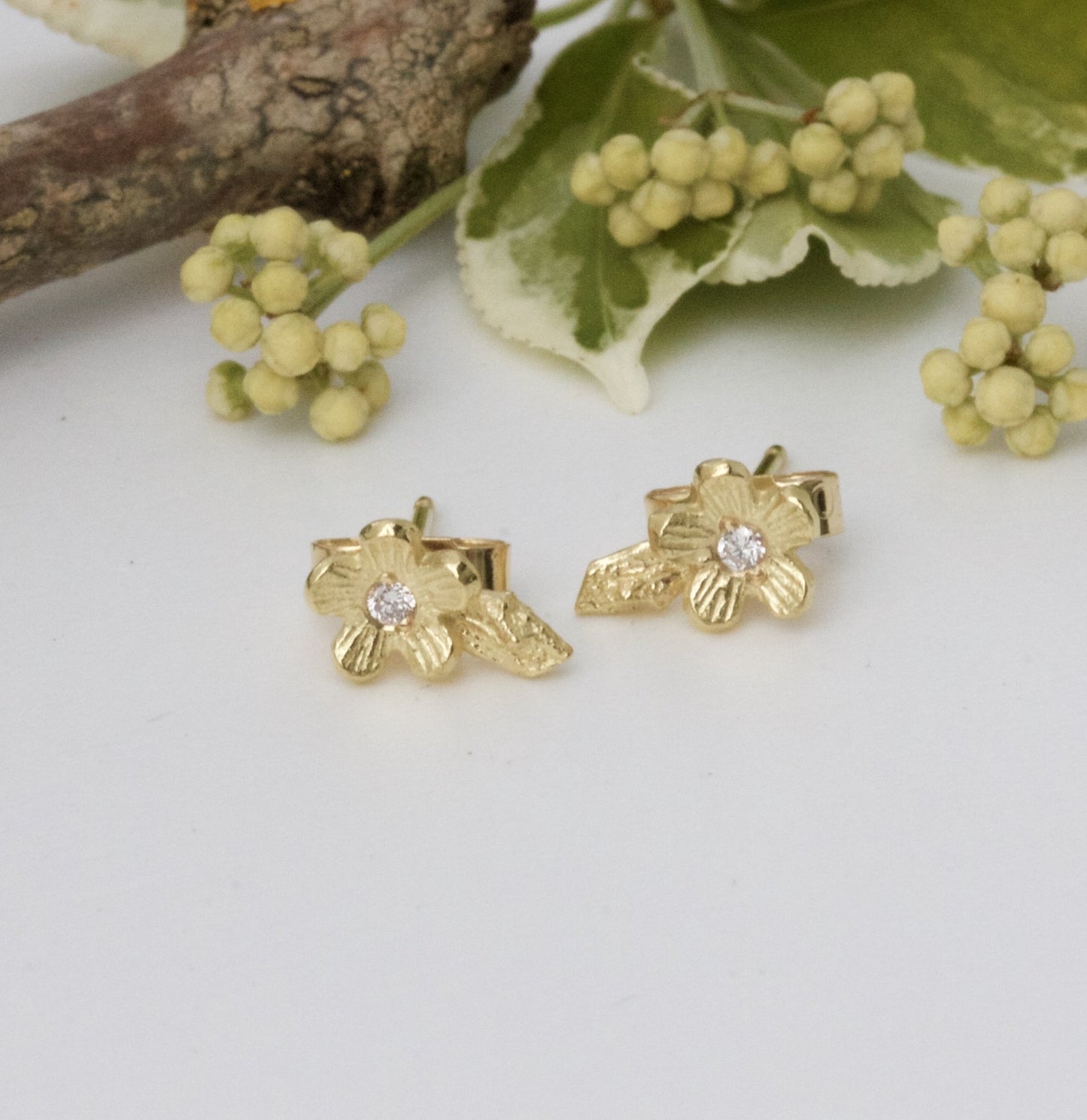 Solid Gold and Diamond Cherry Blossom Earrings, 18ct Gold Flower Stud ...