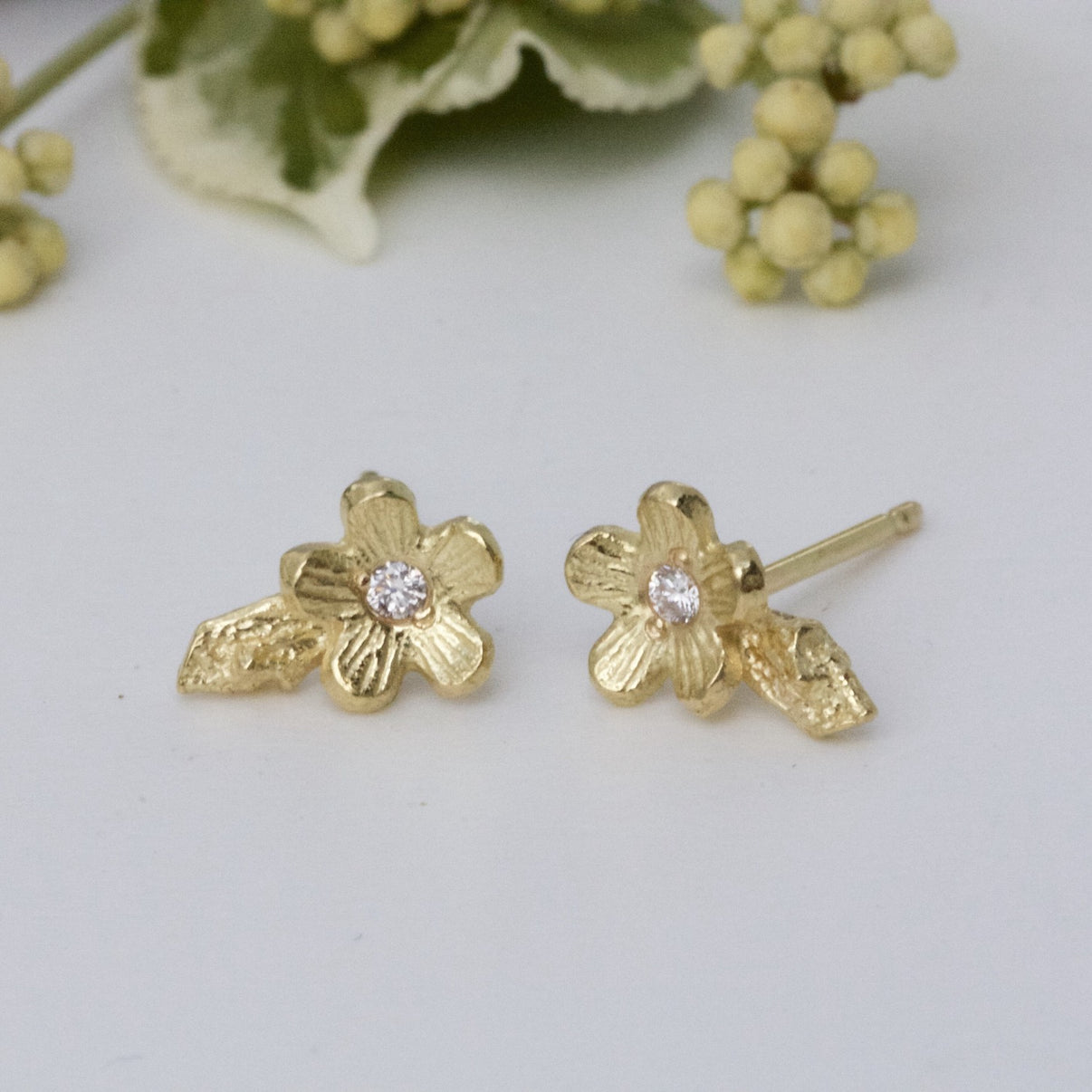 Solid Gold and Diamond Cherry Blossom Earrings, 18ct Gold Flower Stud ...