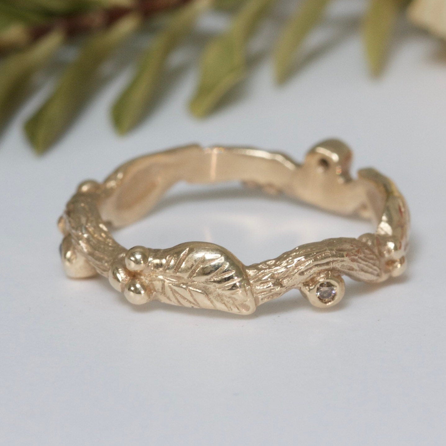 Diamond Wood Nymph Leaf Wedding Ring, 9ct Yellow Gold Elvish Ring