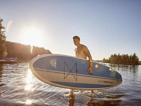 A Stand up paddle boarder coming out of the water