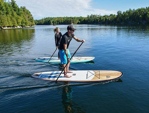 two people paddle boarding