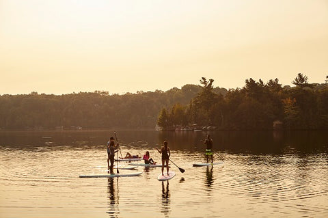 A family SUP'ing on a lake