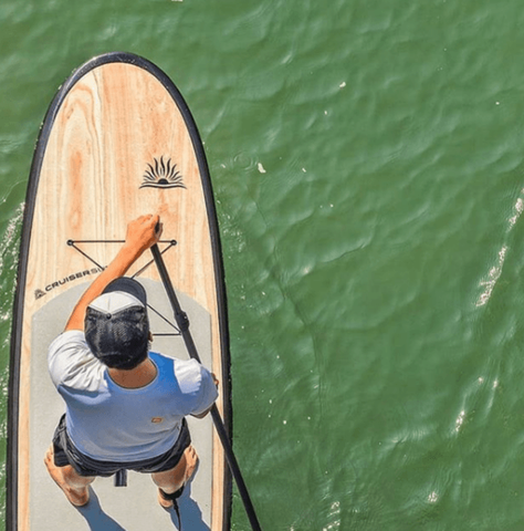stand up paddle boarder on a rigid paddle board in calm water
