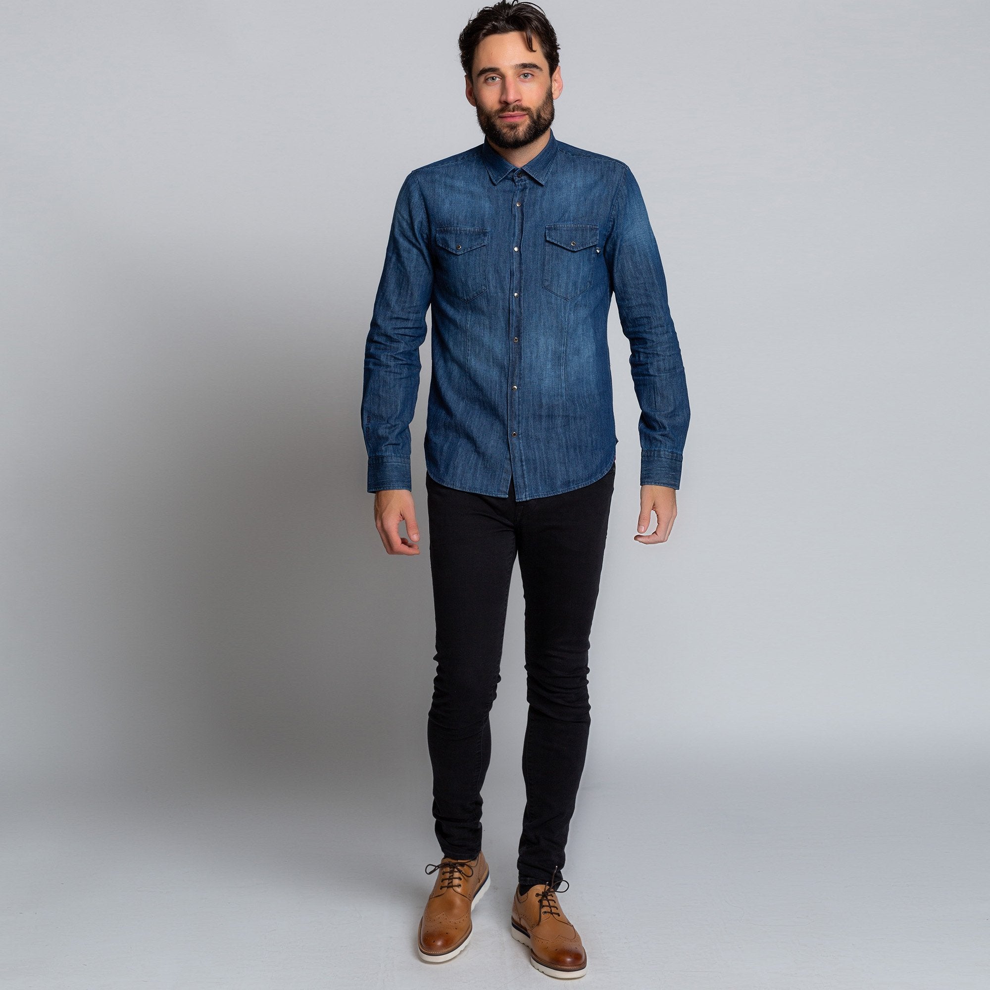 light denim shirt with black jeans