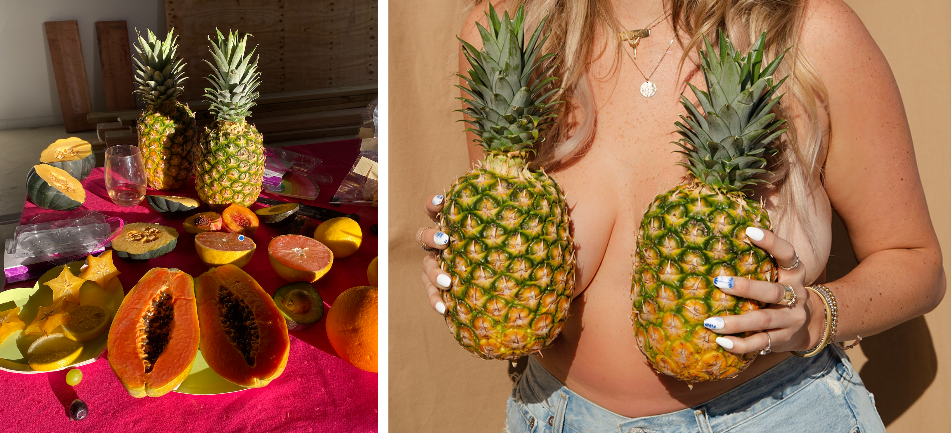 Fruit laid out on the table. Girl holding pineapples in front of her boobies. Fruity Boobies shoot! Body positivity / Confidence photoshoot