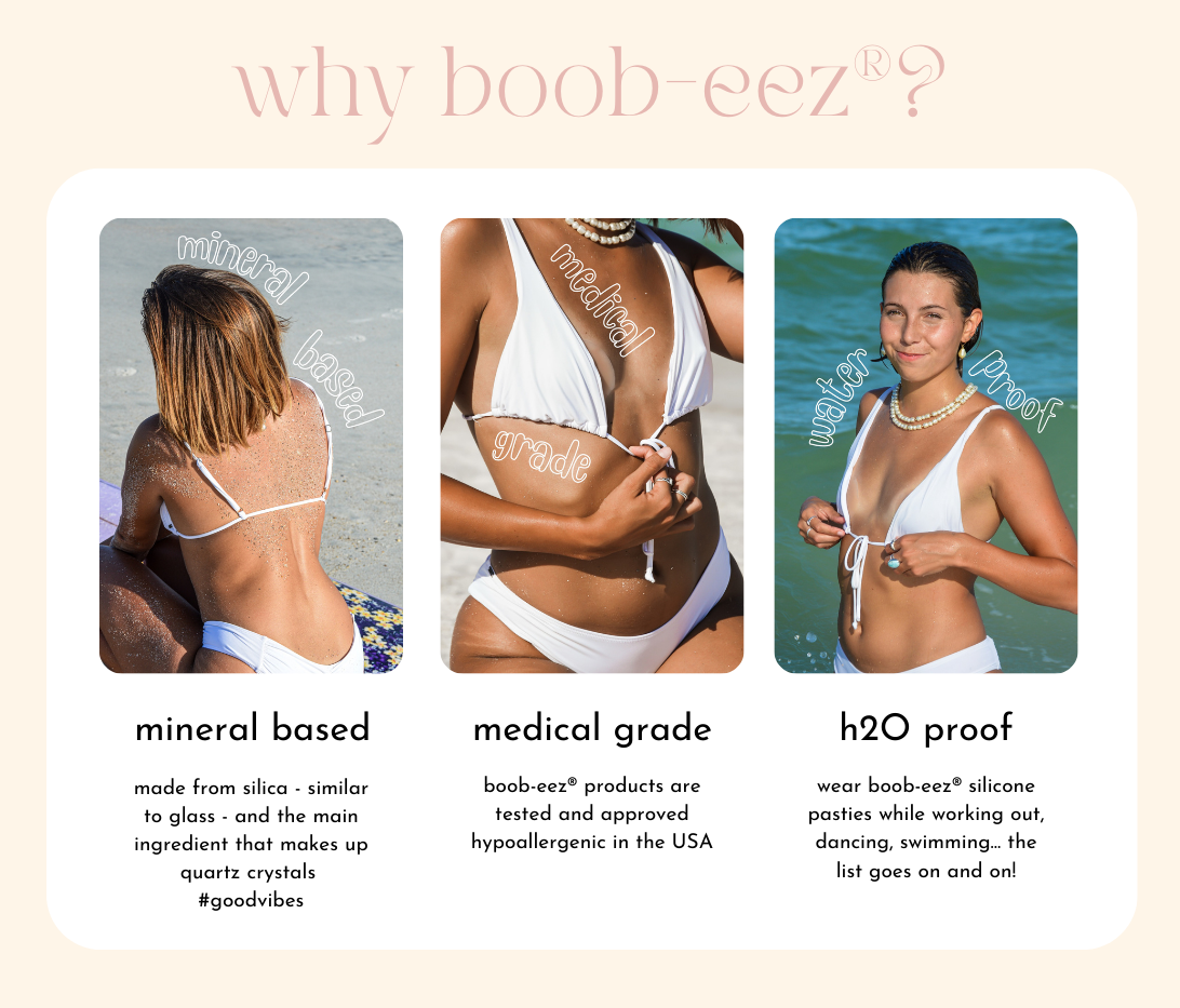 Why boob-eez? Infographic about how Boob-eez® are mineral based, H2O friendly, and hypoallergenic.