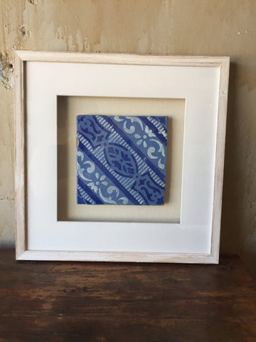 framed blue and white Italian antique tile