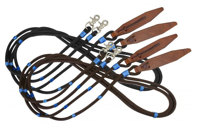 Showman ® 8ft braided nylon reins with large leather poppers.