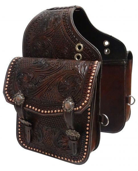 Showman ® Tooled dark oil leather saddle bag with engraved antique bro ...