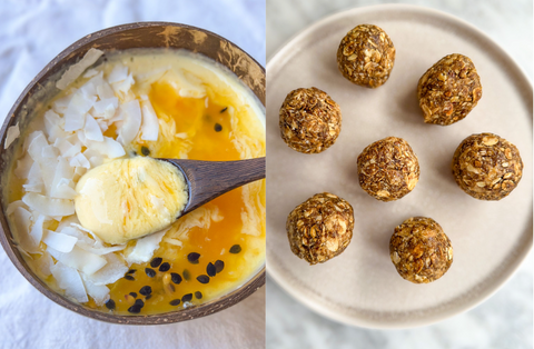 Energy boost bliss balls and pina colada smoothie bowl
