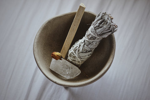 Sage stick and crystals for cleansing