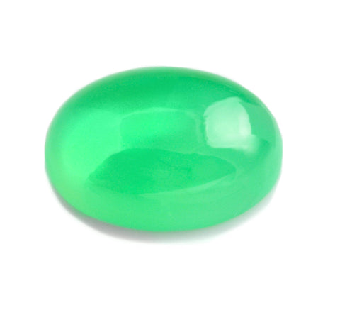 A cabochon-cut chrysoprase gemstone that is light green in color.