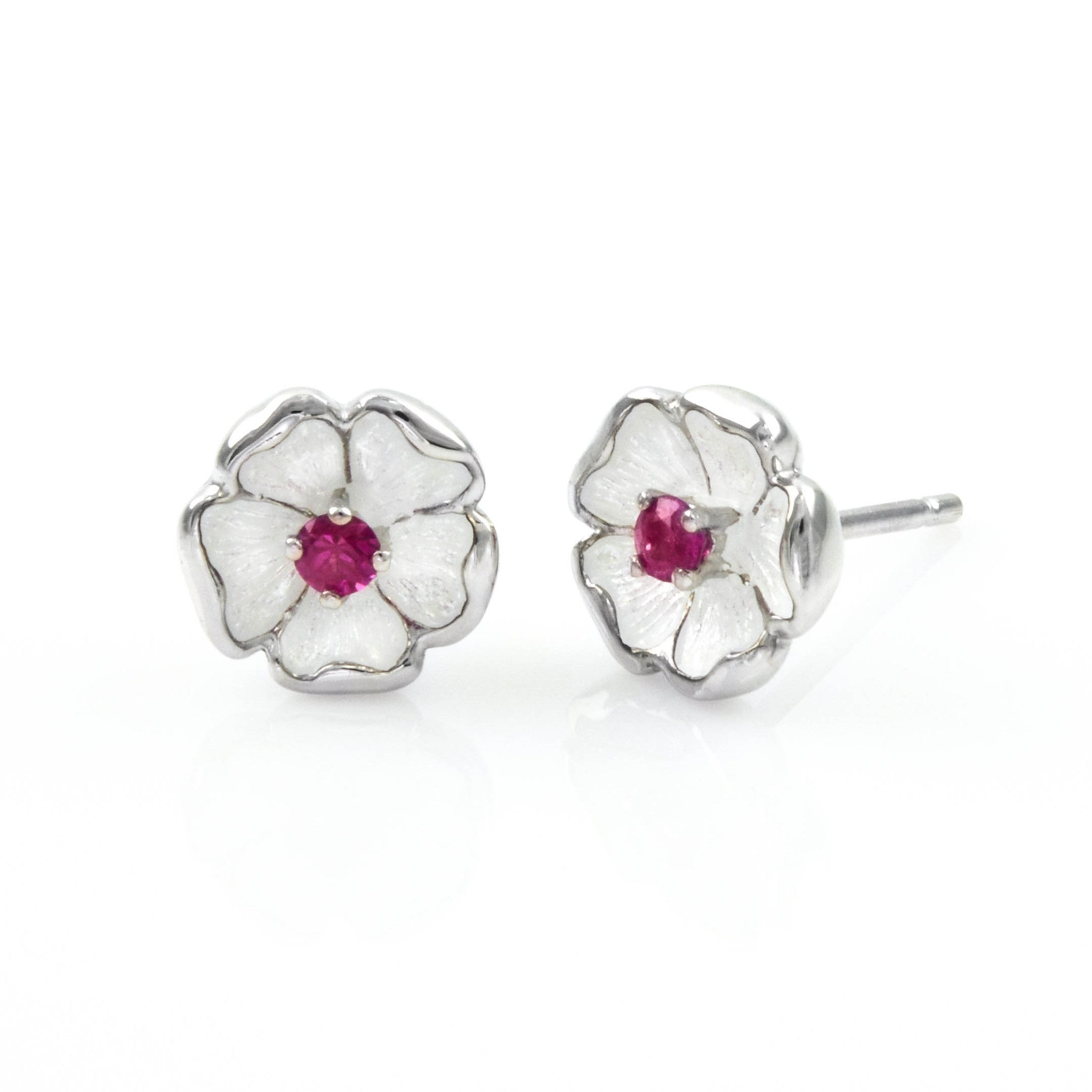 French Enamel and Ruby Rosebud Earrings