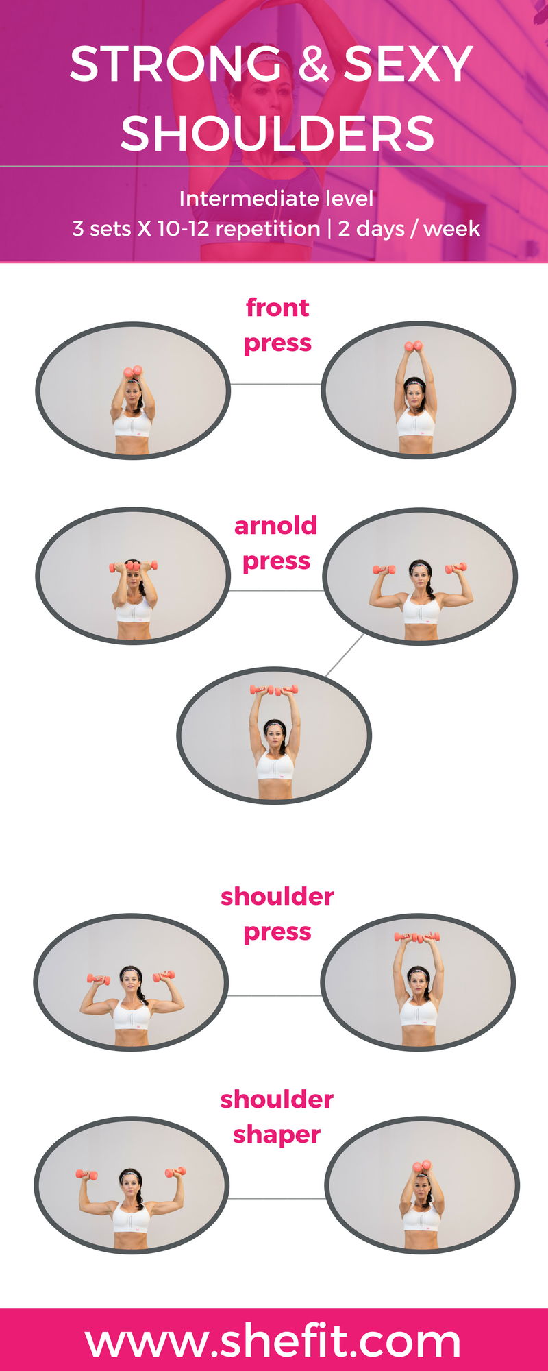 Sculpted shoulders can make your waist appear smaller, your hips more narrow and your body appear more proportionate overall. So to build those sexy shoulder muscles, grab a pair of dumbbells and get ready to do some fat-burning exercises that are guaranteed to sculpt those shoulders in no time! This simple shoulder workout for women can be done at home or use it as part of your routine for the gym. | #Shefit At Home Fitness Workouts For The Gym | Upper Body + Toned Arms