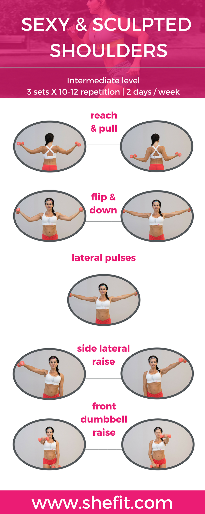 Sculpted shoulders can make your waist appear smaller, your hips more narrow and your body appear more proportionate overall. So to build those sexy shoulder muscles, grab a pair of dumbbells and get ready to do some fat-burning exercises that are guaranteed to sculpt those shoulders in no time! This simple shoulder workout for women can be done at home or use it as part of your routine for the gym. | #Shefit At Home Fitness Workouts For The Gym | Upper Body + Toned Arms