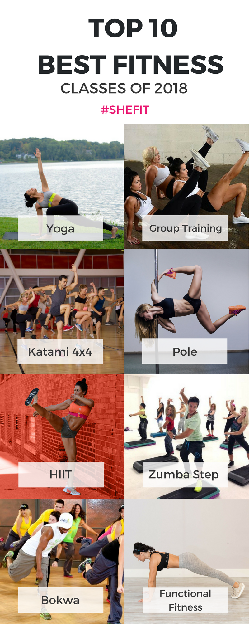 With the #NewYear comes a new you – & that often includes motivation to put your health first & embark on a new fitness routine. But there are so many #GroupFitness classes out there, not to mention the latest celebrity crazes in the #workout world. So how do you decide exactly which one is best for you & what the benefits of each one? Click to learn the top 10 best fitness classes of 2018 from #Shefit #HighImpact Sports Bra Blog.  #SportsBras for #LargeBreasts #SportsBraForGym #SportsWear 