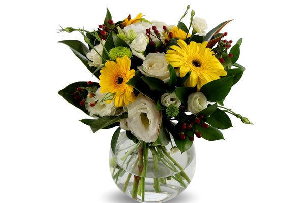 Posy with Gerberas, seasonal white flowers and cute green pom pom Chrysanthemums