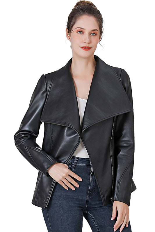 BGSD Women Lily Lambskin Leather Drape Jacket (Also available in Plus Size  & Petite)