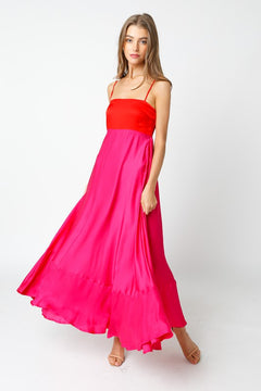 Shila Satin Square Neck Color Block Maxi Dress - Red/Fuchsia