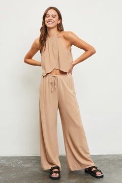 Brontia Halter Top And Wide Leg Pant Set - Taupe