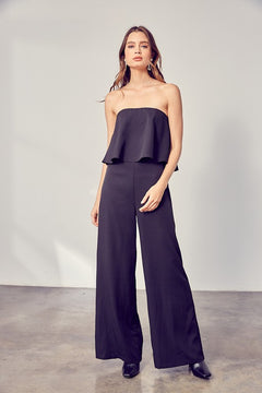 Mizaly Strapless Ruffle Wide Leg Jumpsuit - Black