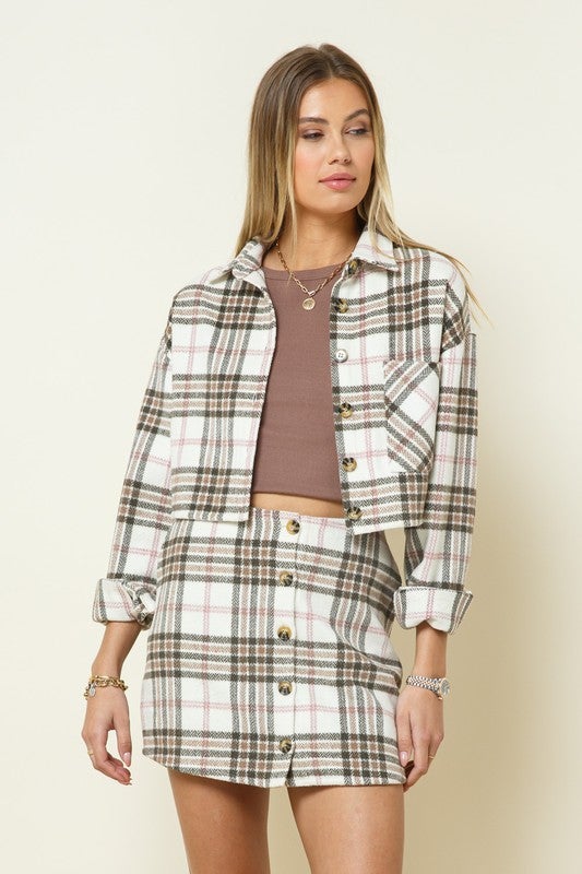 Mya Plaid Cropped Jacket And Mini Skirt Set - Olive – Girls Will