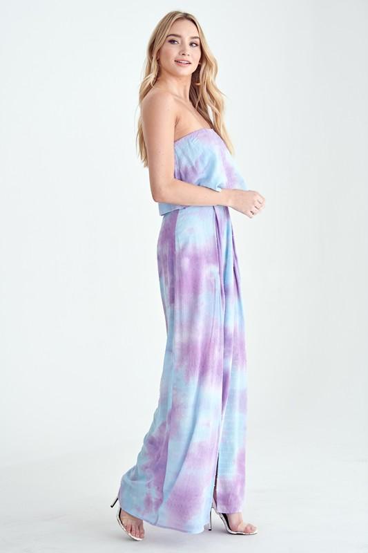 purple strapless jumpsuit