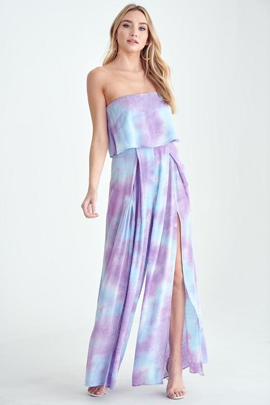 purple strapless jumpsuit