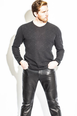 men in leather jeans