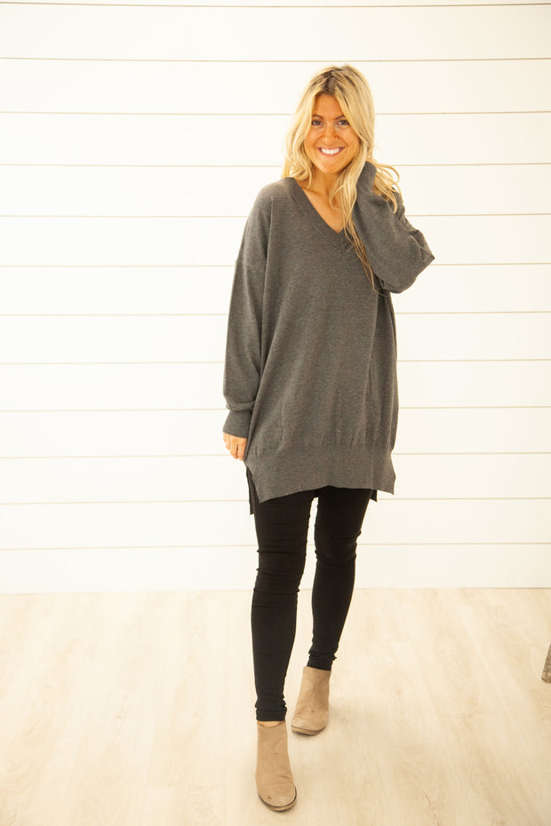 Caught My Eye Charcoal V Neck Soft Sweater