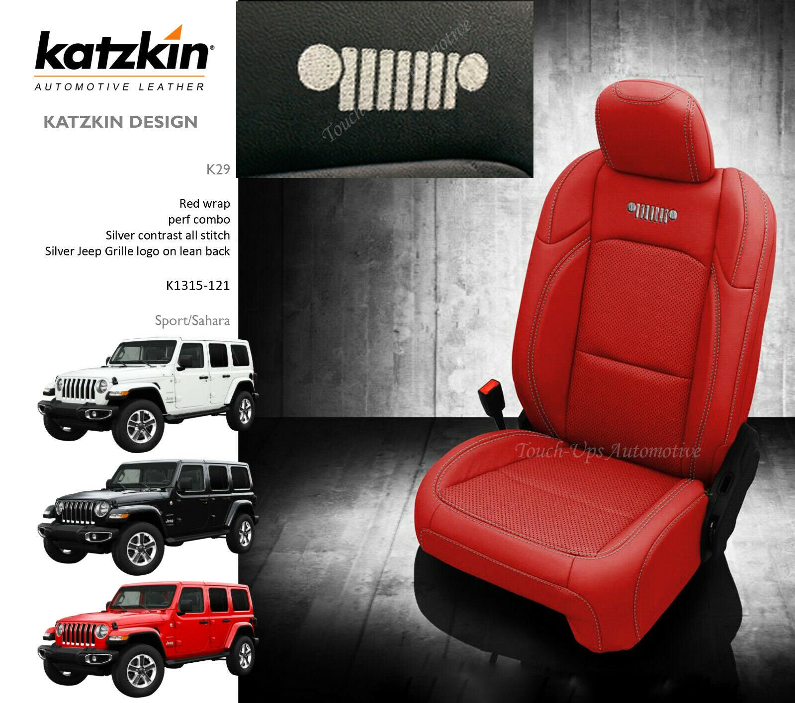 18-2022 Jeep Wrangler Sahara JL KATZKIN Leather Seat Covers Red Silver –  Touch-Ups