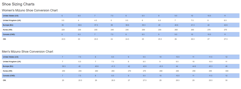 mizuno shoe size chart