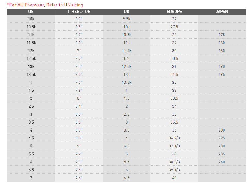 FOOTWEAR SIZE GUIDE – Jim Kidd Sports