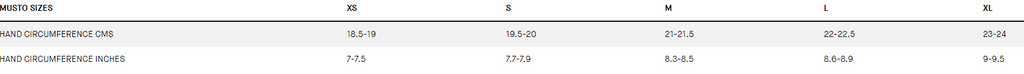 Musto Glove sizes