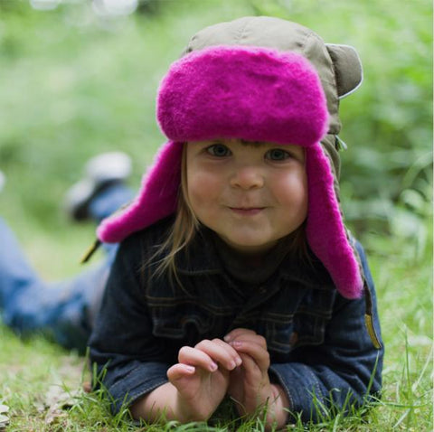 Child wearing Little Hotdog Watson Winter hat in Khaki and Pink