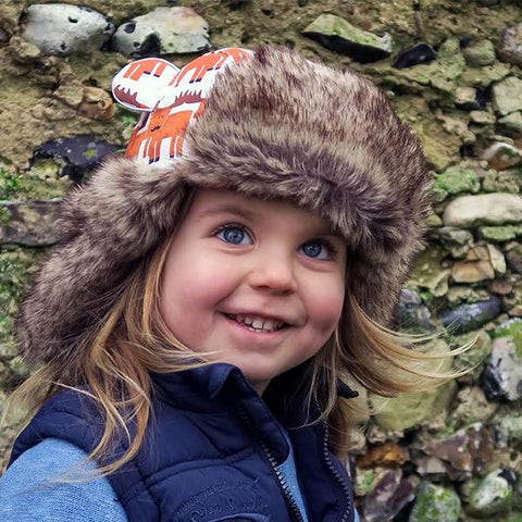 Child wearing Little Hotdog Watson Winter hat in Moose Wave Print