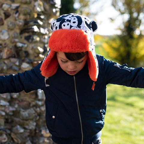 Child wearing Little Hotdog Watson Winter hat in Panda Pop Print