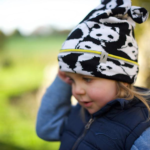 Child wearing Little Hotdog Watson Winter hat in Panda Print