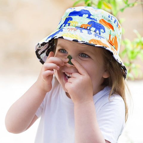 Children wearing bucket sun hat with animal pattern as featured on Little hotdog watson blog