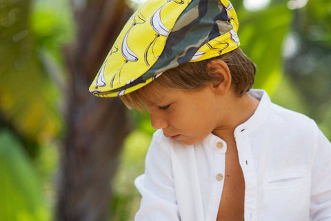 Little Hotdog Watson feature their explorer kids hat in banana print