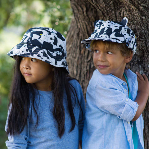 Children wearing panda print kids sun hats in baseball with neck flap and bucket hat style