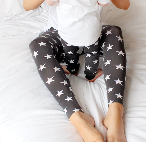 Mother and baby matching leggings in grey star print