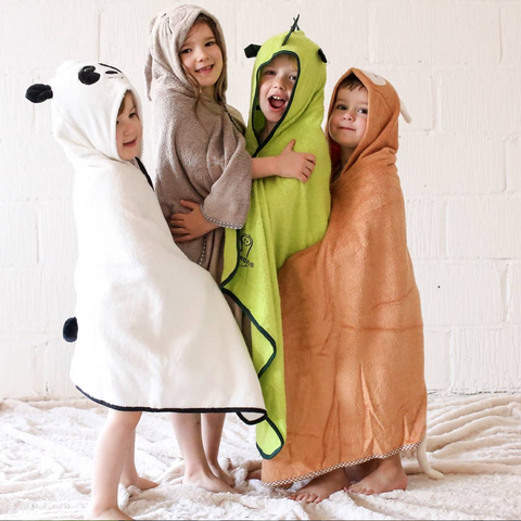 Children wearing Cuddledry bamboo animal bath towels