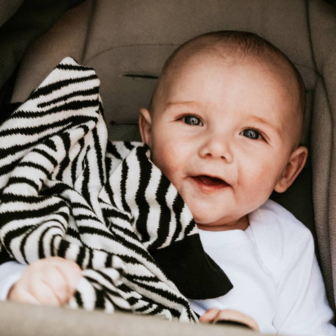 Baby in push chair with zebra print sensory blanket