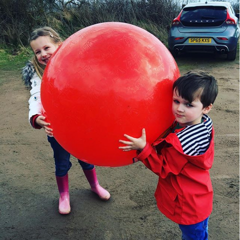 Children holiding beach ball on Little Hotdog Watson kids sibling blog