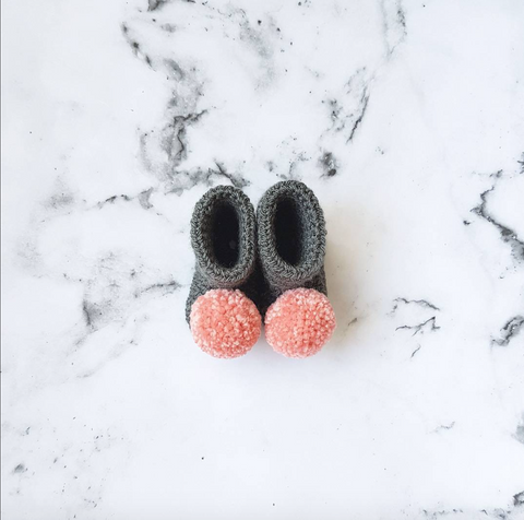 The Grey Hook Baby Crochet Grey Boots With Pink Pom Pom