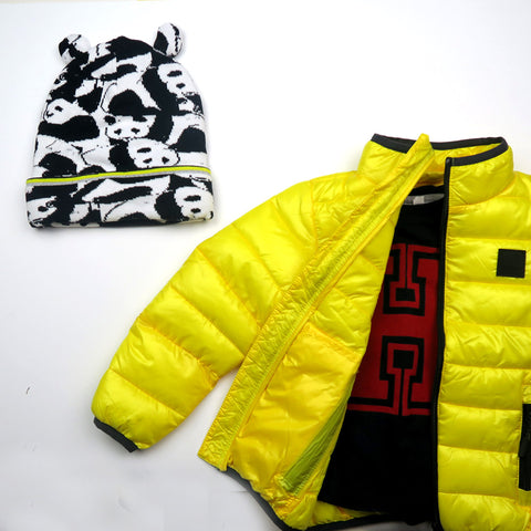 Molo Yellow Jacket with Little Hotdog Watson Knitted Beanie Hat Rookie