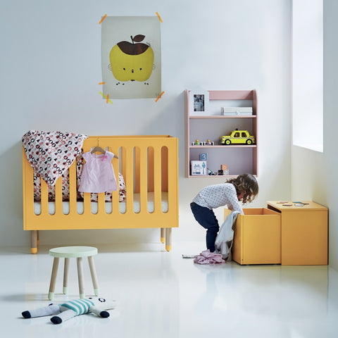 Yellow cot in baby's bedroom as featured on Little Hotdog Watson blog