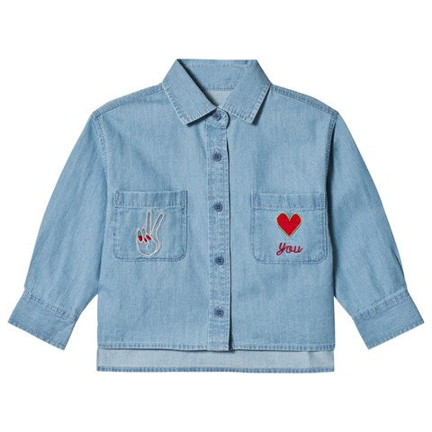 Blue Denim Shirt with Embroidered Heart and Peace Sign on Pocket for Kids